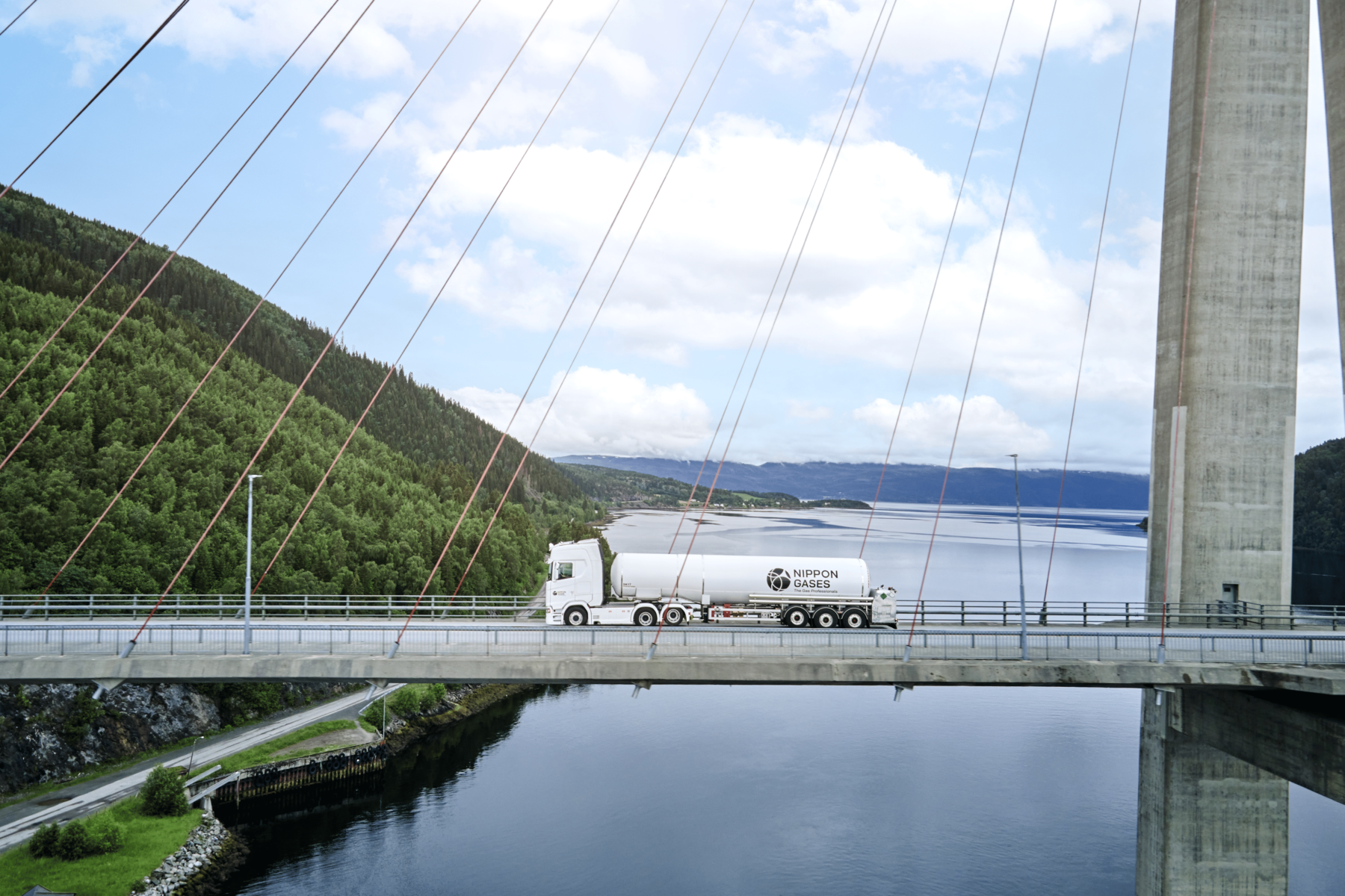 nippon gases or nippon sanso truck crossing a road alone with a forest and green landscape